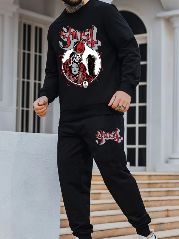 Men's Vintage Style Print Sweatshirt & Sweatpants For Big And Tall Guys, Plus Size