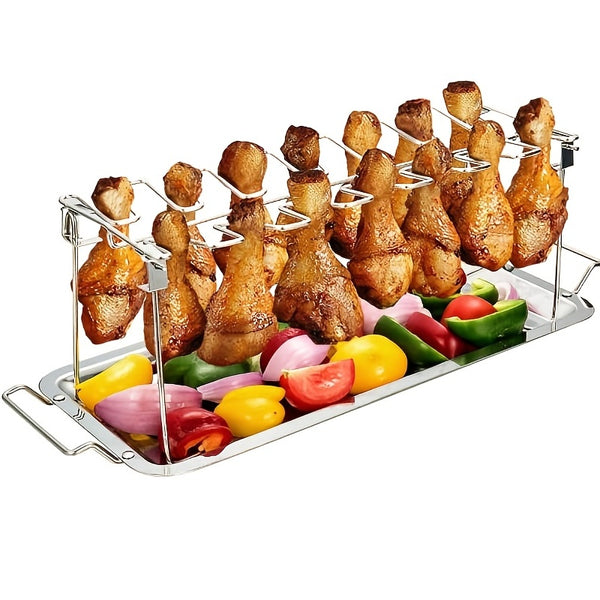 1pc Chicken Leg Rack For Grill With Drip Pan, 14 Slots Stainless Steel, Chicken Wing Rack For Smoker, Chicken Drumstick Rack, Chicken Stand For Smoker, Chicken Drumstick Holder, Grill Rack