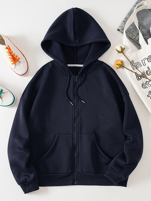 Solid Drawstring Hoodie, Casual Fleece Lining Zip Up Long Sleeve Hooded Sweatshirt With Pockets, Women's Clothing