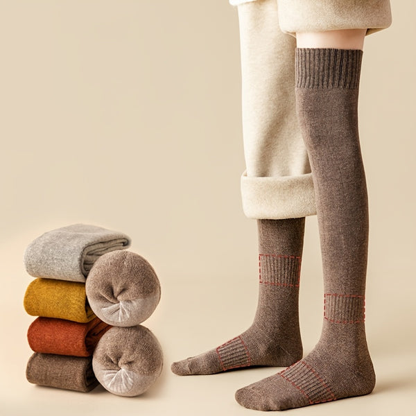 1 Pair Thick & Warm Winter Socks, Knit Cotton Blend Over The Knee Length Socks, Women's Stockings & Hosiery