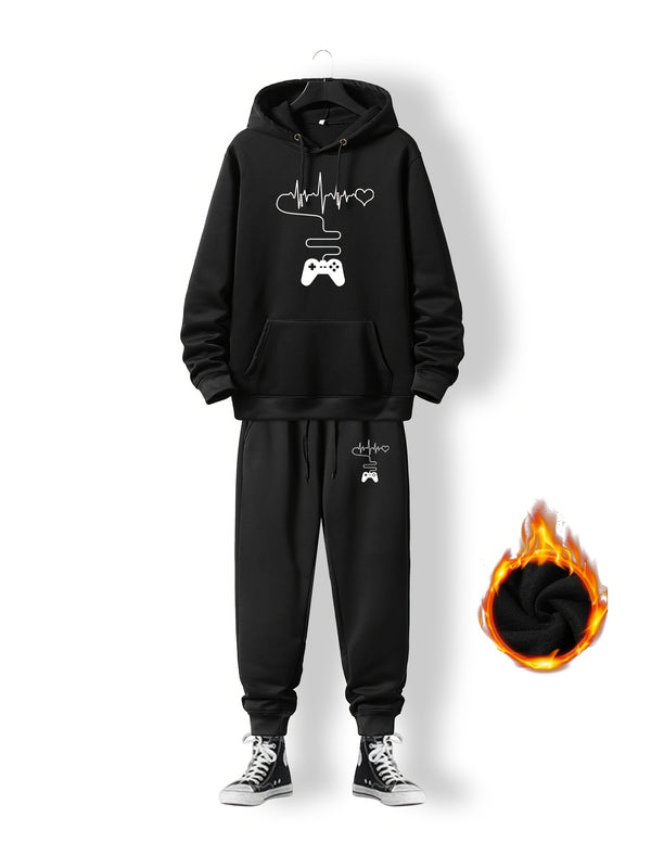 Men's Game Controller Print Pullover Hoodie & Sweatpants For Big And Tall Guys, Plus Size