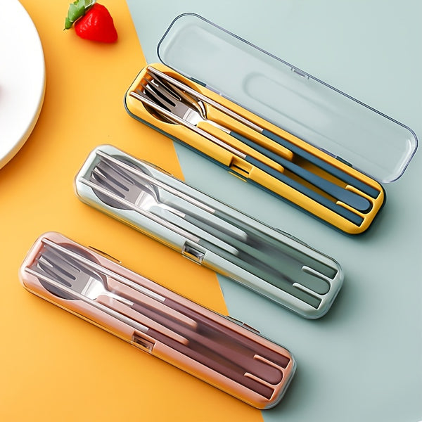 3pcs Portable Stainless Steel Cutlery Set, Fork Spoon Chopsticks With Case