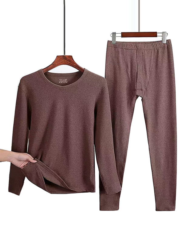 Men's Thermal Underwear Set With Solid Color & Double-sided German Fleece Heating For Winter Warm Base Layer Top & Bottom