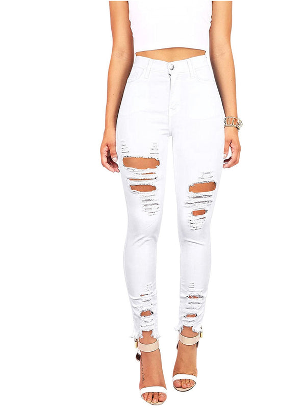 Pocket Ripped Raw Hem Skinny Jeans Mid Rise Stretch Destroyed Denim Pants Jeans