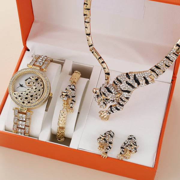 Rhinestone Leopard 5pcs/set Fancy Women Watches Jewelry Sophisticated And Stylish Women Watch Unique Ladies Watches