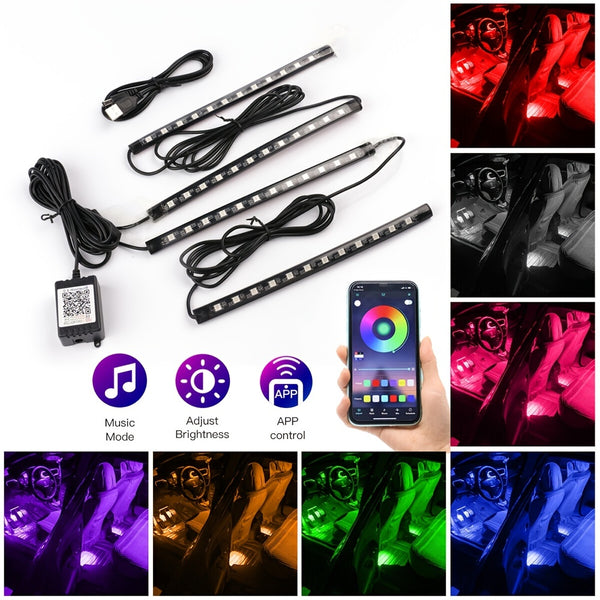 Car Interior 48 Lights Connect USB Bluetooth APP Ambient Light Cell Phone Bluetooth APP