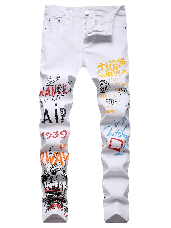 Men's Jeans, Casual Skinny Random Printed Medium Stretch Cotton Denim Jeans Christmas Gifts