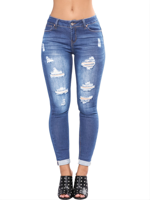 Blue Distressed Skinny Leg Jeans, Slant Pocket Ripped Denim Pants, Women's Clothing & Denim