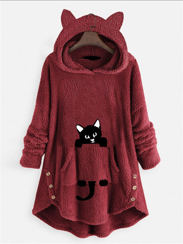 Fuzzy Cat Ear Hoodie, Loose Oversized Front Pocket Hooded Sweater, Loungewear & Casual Tops For Winter, Women's Clothing