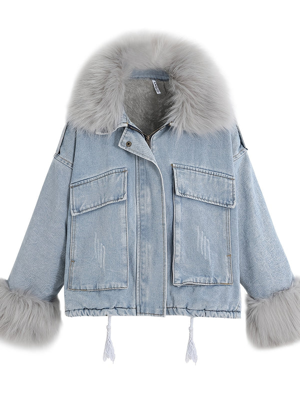 Fluffy Plush Collar & Cuffs Winter Warm Fur Fleece Coat, Extra Large Square Pockets Drawstring Hem Denim Jacket, Women's Denim Jackets