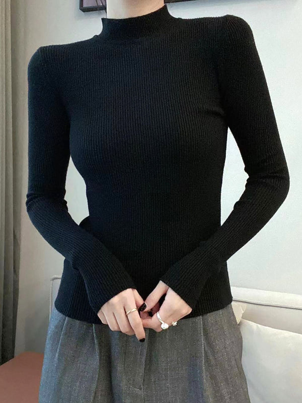 Women's Sweater Mock Neck Solid Ribbed Long Sleeve Slim Pullover Knit Sweater