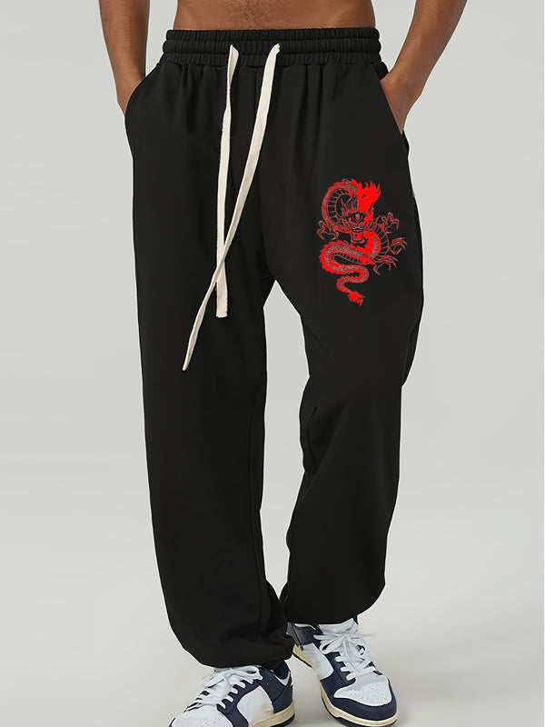 Men's Plus Size Chinese Dragon Fleece Warm Drawstring Sweatpants, Casual Pants For Big And Tall Guys