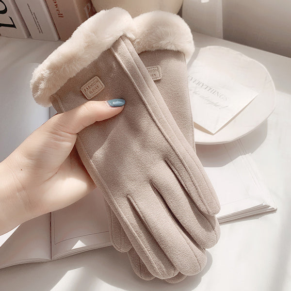 Women's Suede Biker Thick Plush Gloves, Winter Fleece Lined Full Finger Gloves