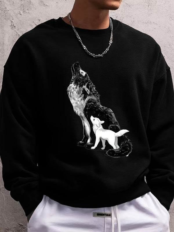 Men's Plus Size Wolf Print Breathable Crew Neck Pullover Sweatshit, For Big And Tall Guys