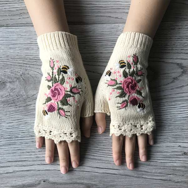 Handmade Embroidery Women's Knit Gloves Flower Gloves Hand Knit Fingerless Adult Gloves