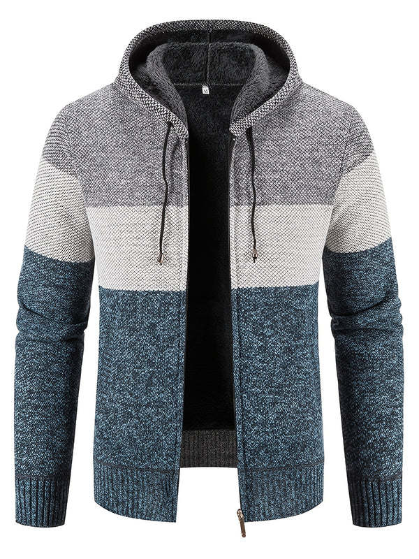 Two Sizes Smaller,  Men's Color Matching Sweater Hooded Cardigan, Fall Winter Zipper Warm Knitted Cardigan Coat Jacket Christmas Gifts