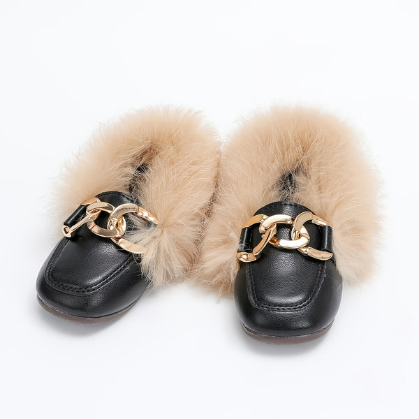 Girls PU Leather Solid Plush Moccasin Loafers For Winter