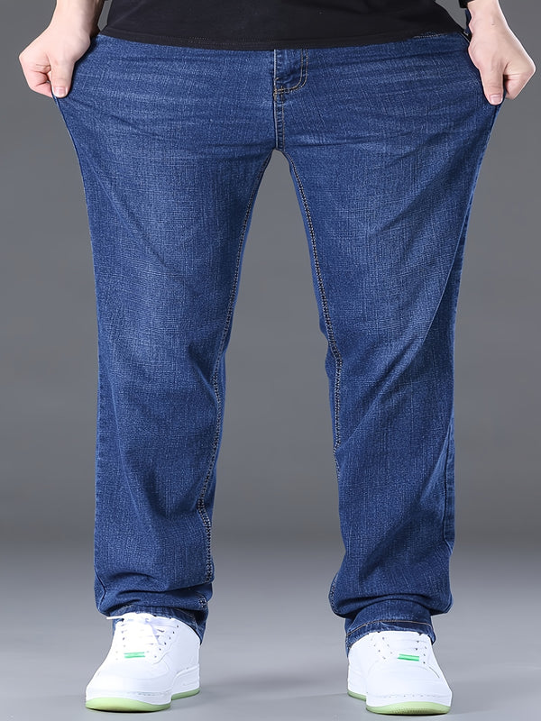 Plus Size Men's Stretch Jeans, Casual Loose Straight Jeans For Big And Tall Guys