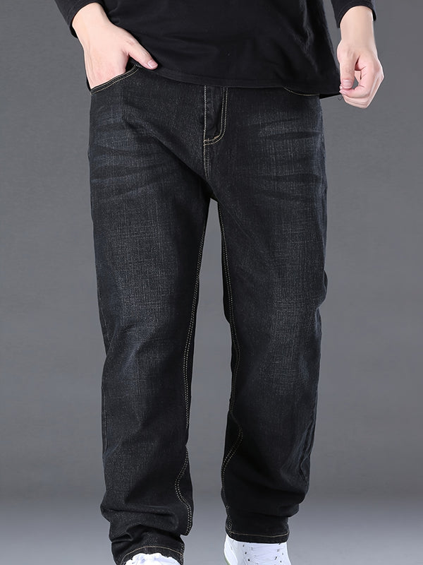 Plus Size Men's Stretch Jeans, Casual Loose Straight Jeans For Big And Tall Guys