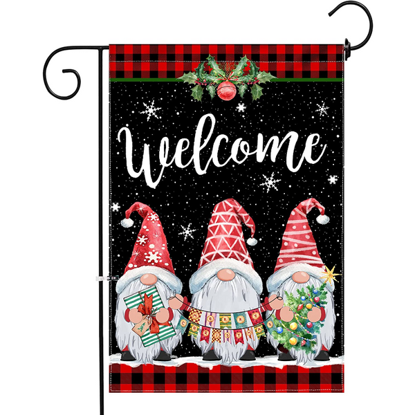 1pc Winter Garden Flag, 12"*18", Double Sided Outdoor Christmas Flag, Gnomes Welcome Yard Banner, Outdoor Field Checkered Christmas Flag, Holiday Banner, Outdoor Decoration