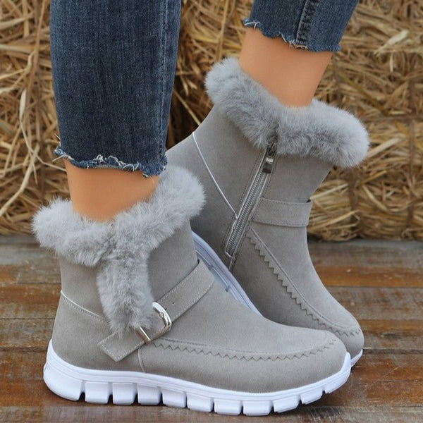 Winter Thermal Insulated Snow Boots, Warm Plush Lined Ankle Boots, Fluffy Trim Side Zipper Boots