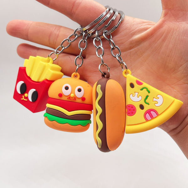 1pcs Creative Simulation Food Car Keychain Pendant, Soft Hamburger Fries Pizza Hot Dog Toy Car Key Ring