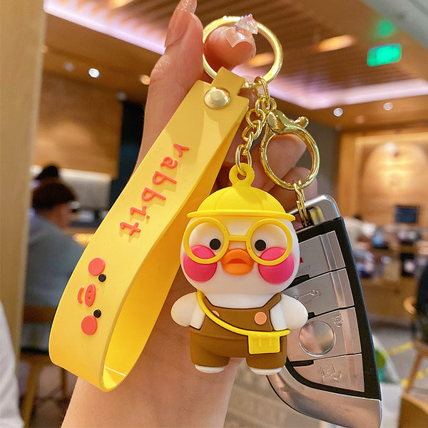 Car Key Chain Cartoon Cute Blusher Yellow Duck Resin Pendant Key Ring With Glasses Decoration For Car Key