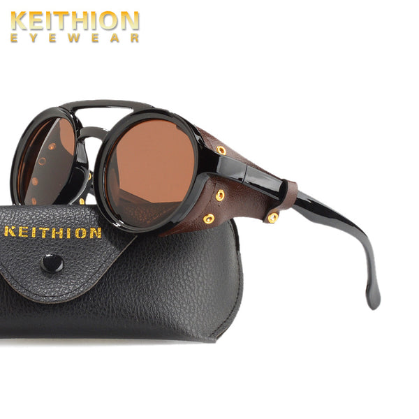 KEITHION Steampunk Style Round Vintage Sunglasses Retro Eyewear For Men Women With Leather Side Glasses UV400