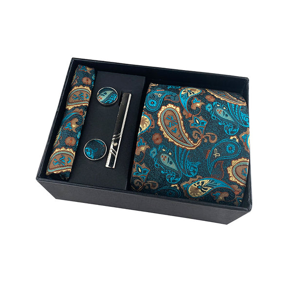 Men's Paisley Casual Tie Five Piece Set Including Tie Square Scarf Cufflinks Tie Clip Black Gift Box