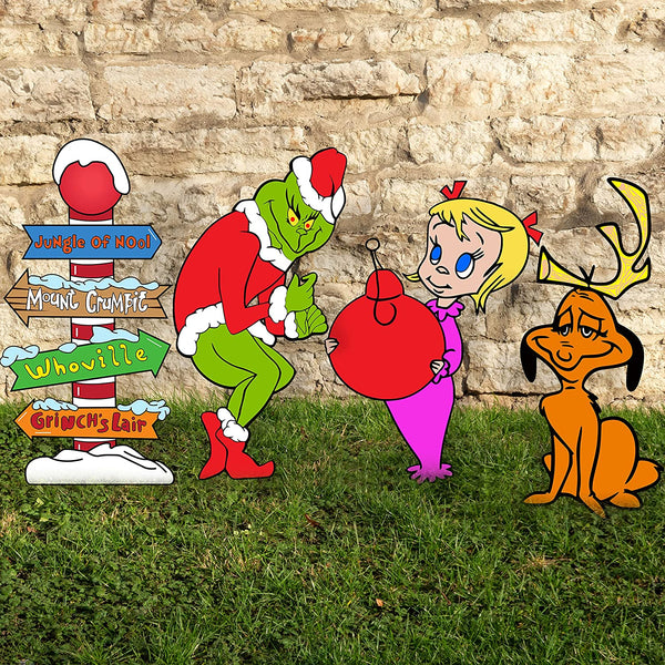 4pcs Yard Signs With Stakes, Grinch Cindy Max Whoville Sign For Xmas Garden Lawn Decor, Grinch Stealing Christmas Decor Party Supplies Holiday Decorations Outdoor, Christmas Decorations