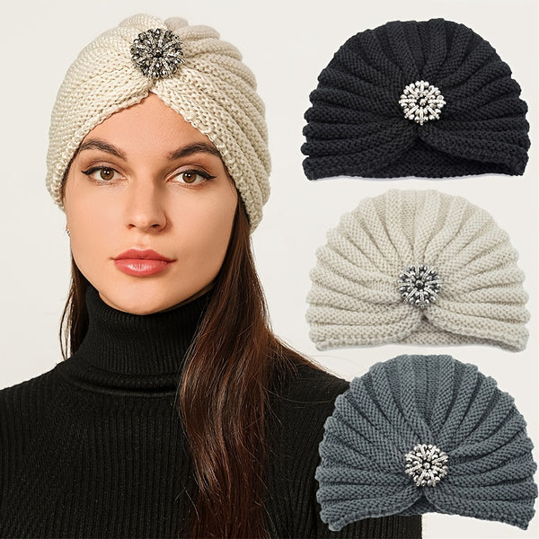 Knitted Turban Hat For Women, Cold Weather Wear, Faux Silver Diamond Jewelry Pullover Hat