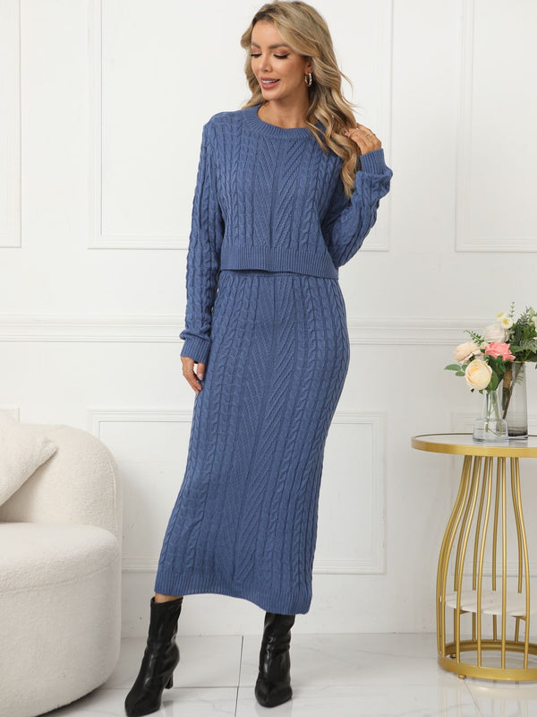 Chunky Chain Knit Sweater & Skirt, Long Sleeve Crew Neck Cropped Sweater + Bodycon Maxi Skirt Combo, Casual Tops & Bottoms For Fall & Winter, Women's Clothing