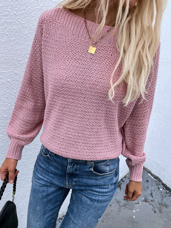 Pastel Pink Knit Sweater, Crew Neck Knit Sweater Casual Tops, Women's Clothing