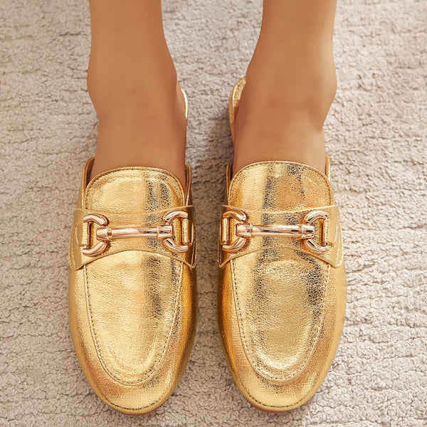 Golden Glowing Fabrics Buckle Vamp Loafer Slippers Flat Shoes, Ready To Wear Quick Going Out Shoes, Women's Shoes