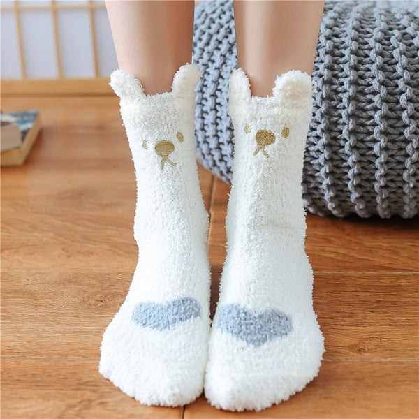 Warm & Fuzzy Cartoon Animal Socks, Crew Length Warm Coral Fleece Socks For Winter, Women's Stocking & Hosiery