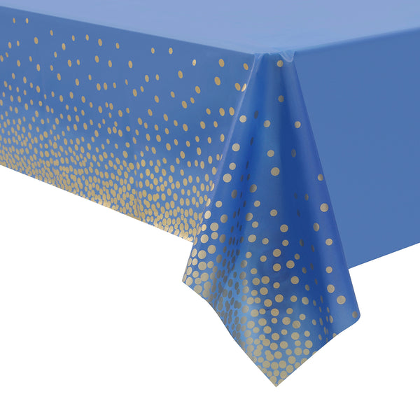 1pc Blue Disposable Tablecloth (108" X 54") Waterproof Plastic Tablecloth With Gold Accents, Easy Clean-Up For Birthday Party & Holiday Meals, Home Dining & Food Serving Accessories