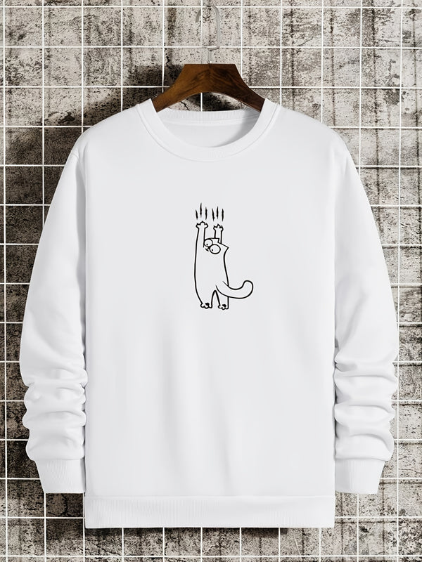 Plus Size Men's Cat Graphic Sweatshirt, Crewneck Winter Pullover Sweatshirt For Big And Tall Guys