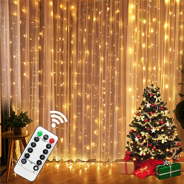 1pc, Christmas Decoration, LED Curtain USB Function Remote Control Light String 118.11"x118.11"