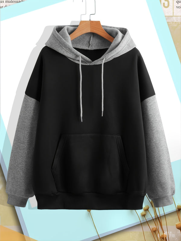 Women's Contrast Color Drawstring Kangaroo Pocket Hoodie Sweatshirt