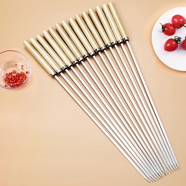 10pcs Barbecue Skewers, Stainless Steel Skewers With Wooden Handle, Roast Needle, BBQ Accessories, Kitchen Tool