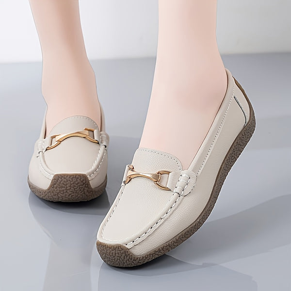 Women's Solid Color Faux Leather Slip-on Shoes, Metal Decor Flat Shoes