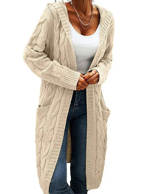 Women's Sweater Hooded Twist Knit Solid Thick Pocket Long Cardigan