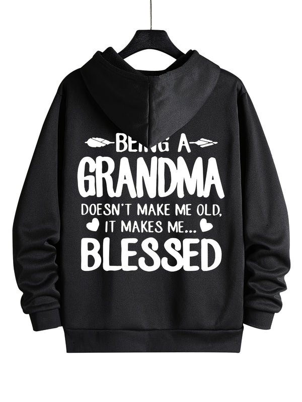 Grandma Letter Print Drawstring Loose Hoodie, Casual Hooded Fashion Long Sleeve Sweatshirt, Women's Clothing