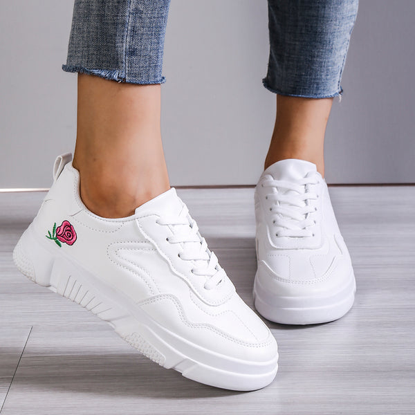 Women's Casual Sneakers, Floral Embroidery White Shoes, Low Top Lace-up Skate Shoes