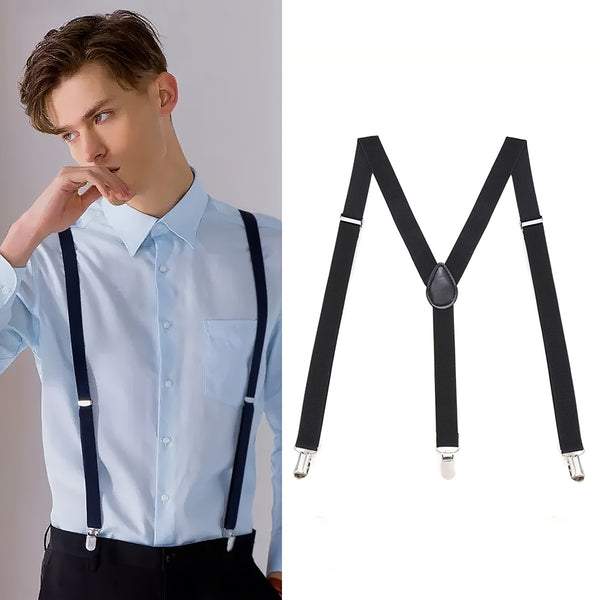 1pc Black 1inch Wide Men Suspenders Plain Overall Adjustable