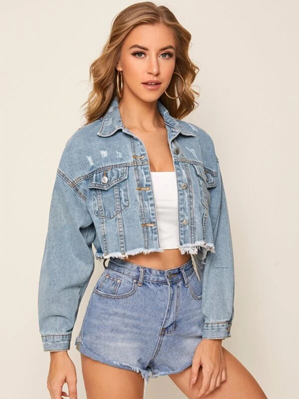 Raw Hem Flap Pocket Crop Denim Jacket Turn Down Collar Denim Non-Stretch Spring Fall Coat