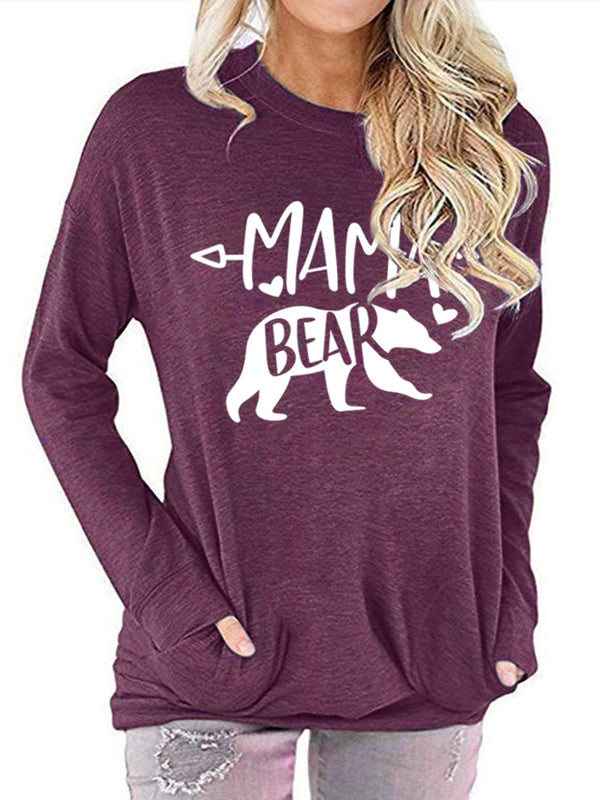 Mamabear Bear Pattern Print T-shirt, Round Neck Long Sleeve Pullover T-Shirt, Women's Clothing