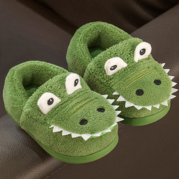 Cute Green Fuzzy Slippers With Dinosaur Pattern For Toddler Girls Boys, In House Indoor