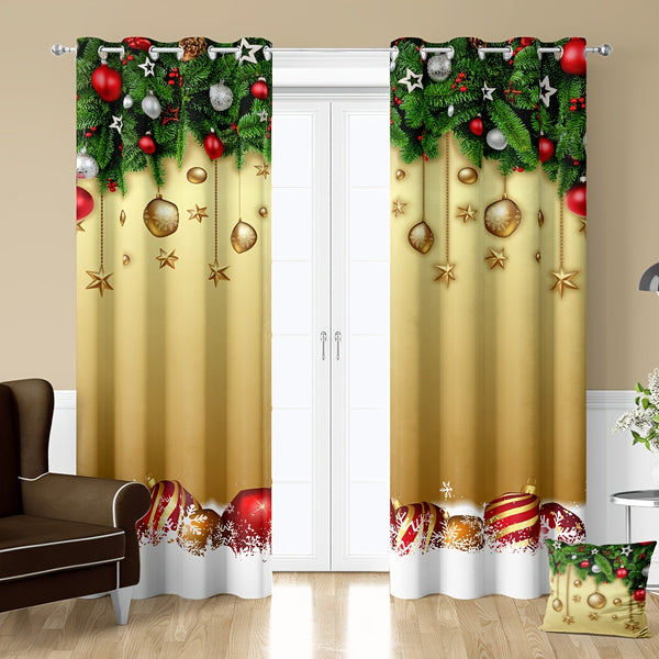 2pcs Golden Christmas Pattern Curtains, Christmas Balls Curtains