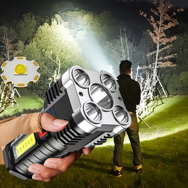 5 LED Flashlight, USB Rechargeable Strong Light With COB Side Searchlight For Outdoor Travel Emergency